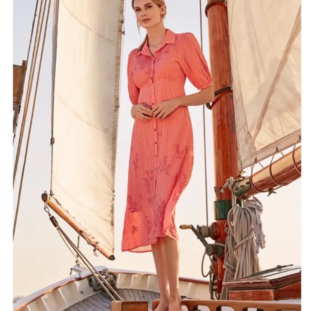 NWT Johnny Was Orla Puff Sleeve Midi Dress Embroidered A-line Coral Check SZ M